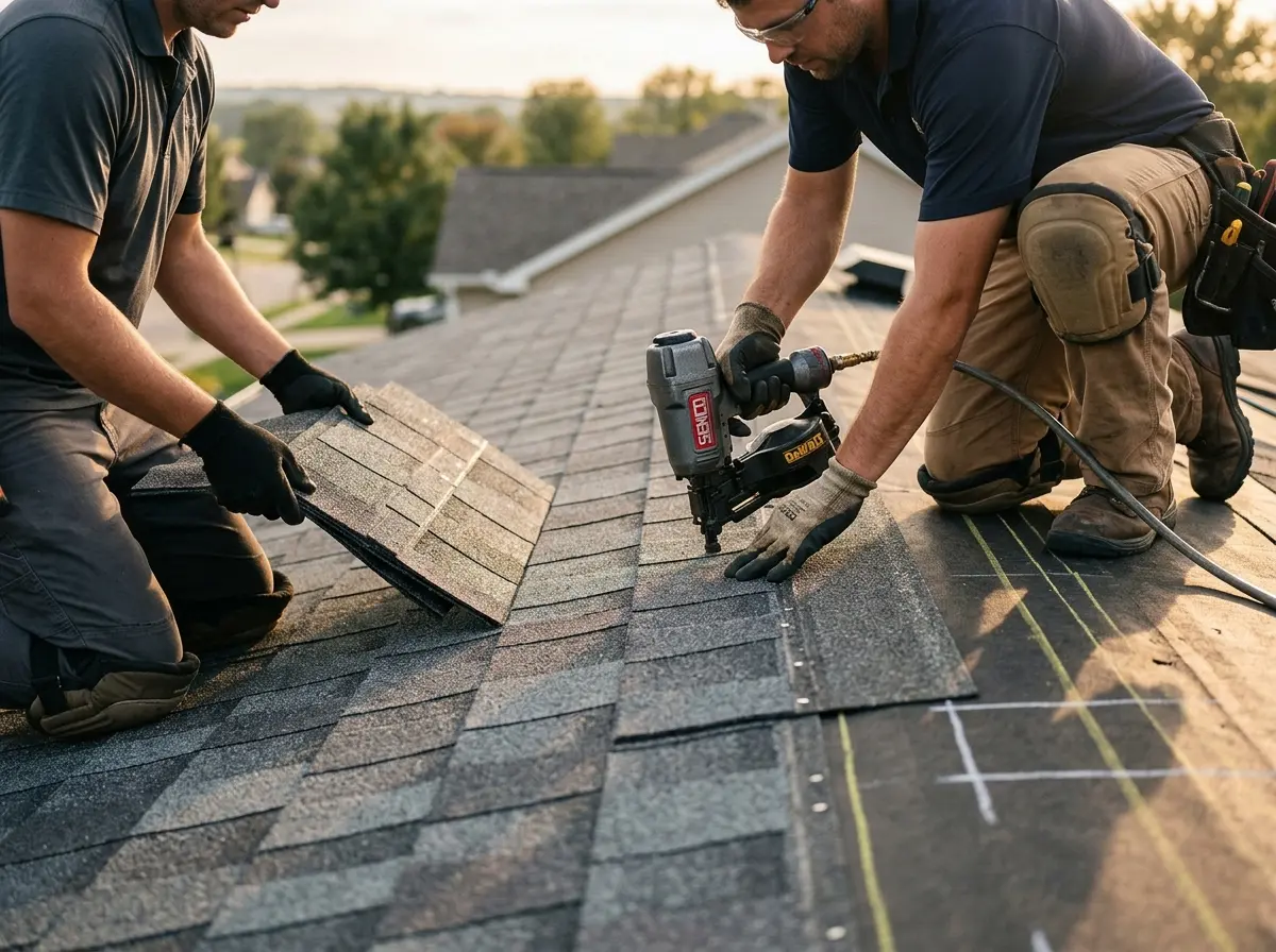 Professional roofer working on a residential roof in Blairstown